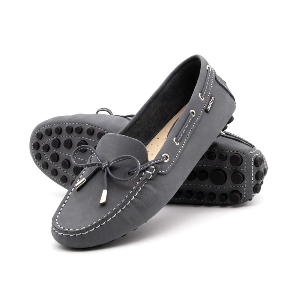 Mocassim Feminino Dot em Couro Nobuck Cinza Escuro - 3352NC