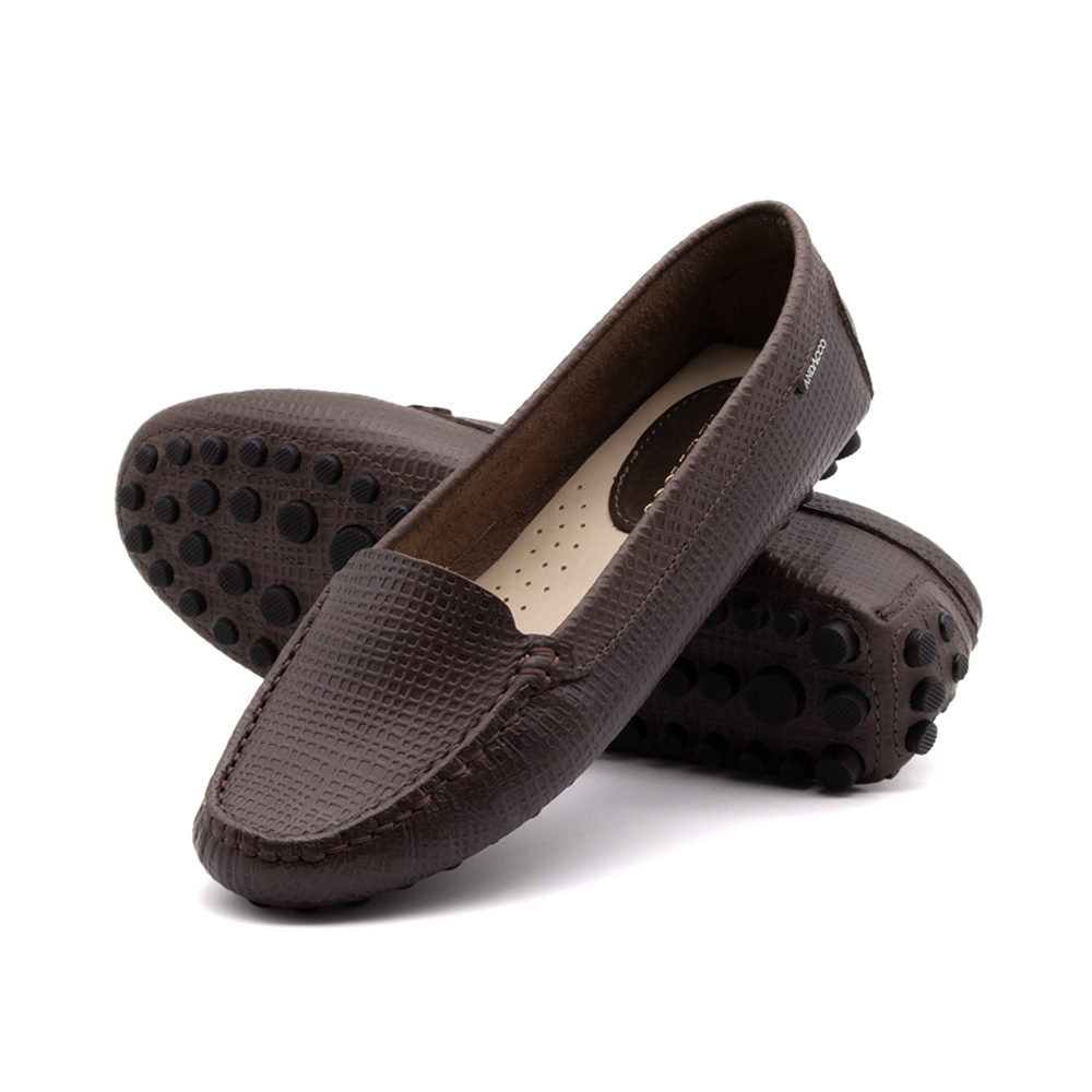 Mocassim Feminino Dot em Couro Quadros Tabaco - 3335PT