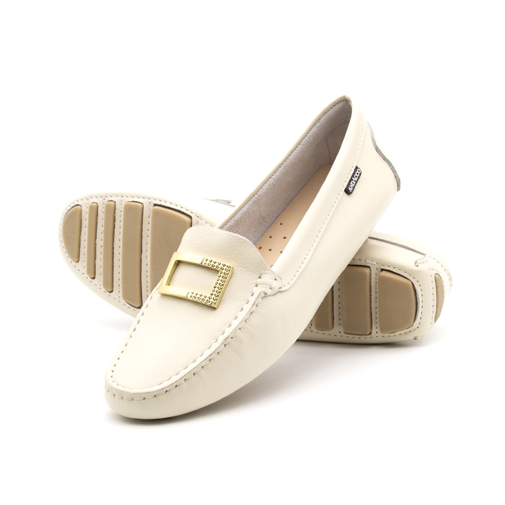 Mocassim Feminino em Couro Alfa Off White - 3608AO