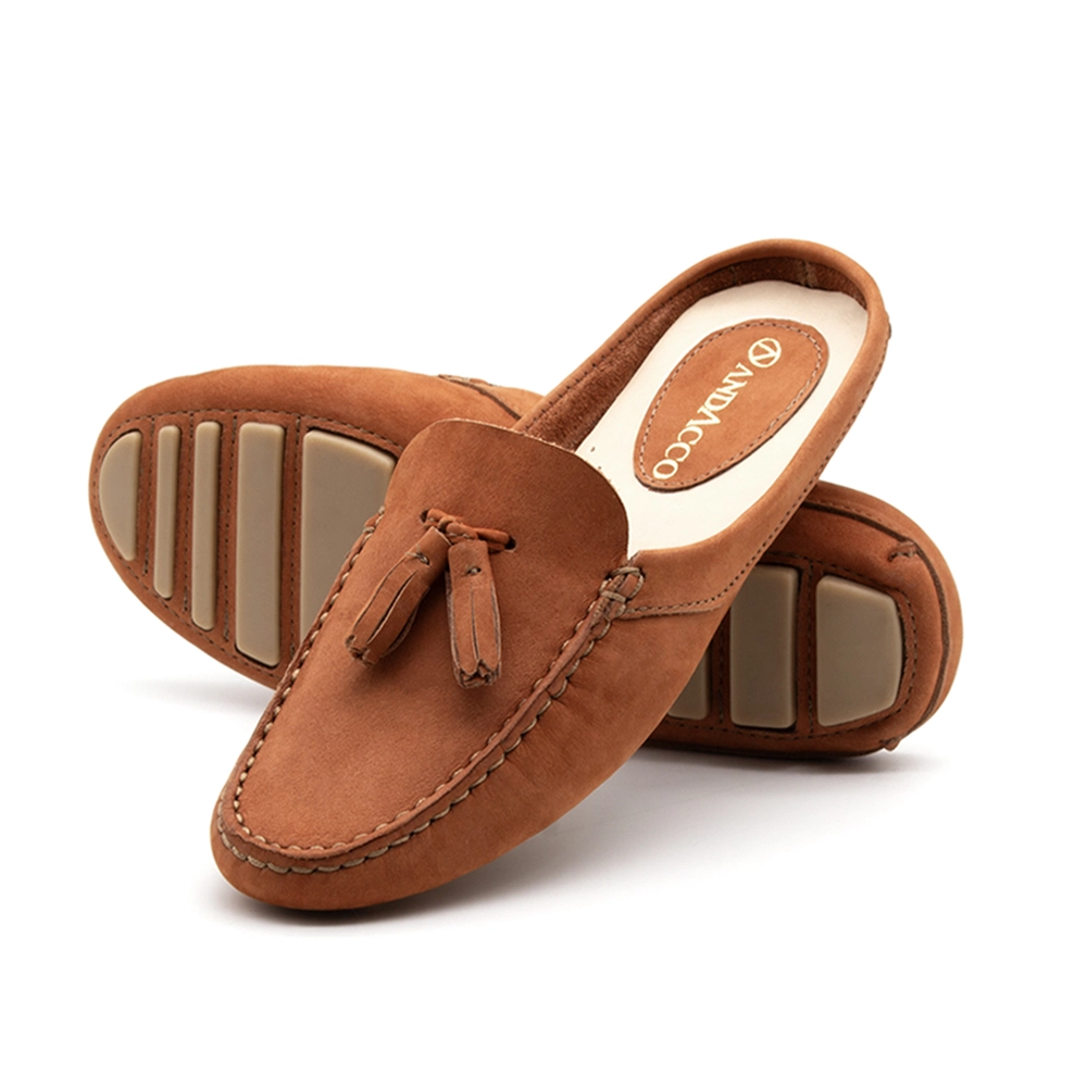 Mocassim Mule Feminino Paris em Couro Nobuck Conhaque - 3647NC